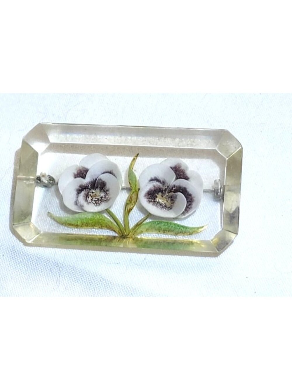 Vintage Reverse Carved Floral Intaglio Pin  Clear Lucite With Purple & Whi